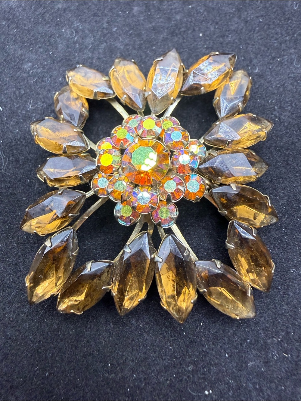Vintage Amber Rhinestone Aurora Borealis Starburst Brooch